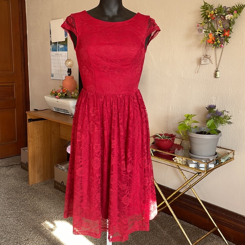 New Woman’s XS Red Rose Lace Fit & Flare Dress Berry Love valentines
